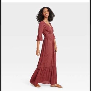 Knox Rose Mauve Swiss Dot Maxi Dress Flutter Sleeve Embroidered Tiered Skirt